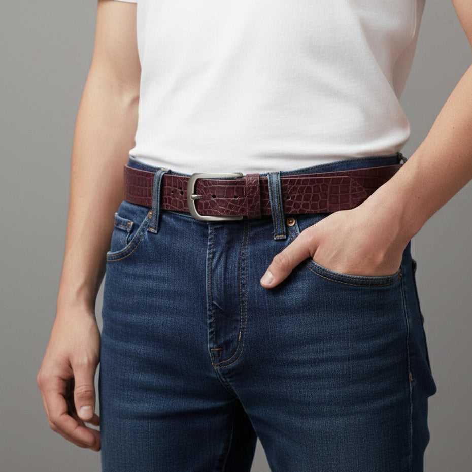Men wearing crocodile texture buffalo leather belt with pants