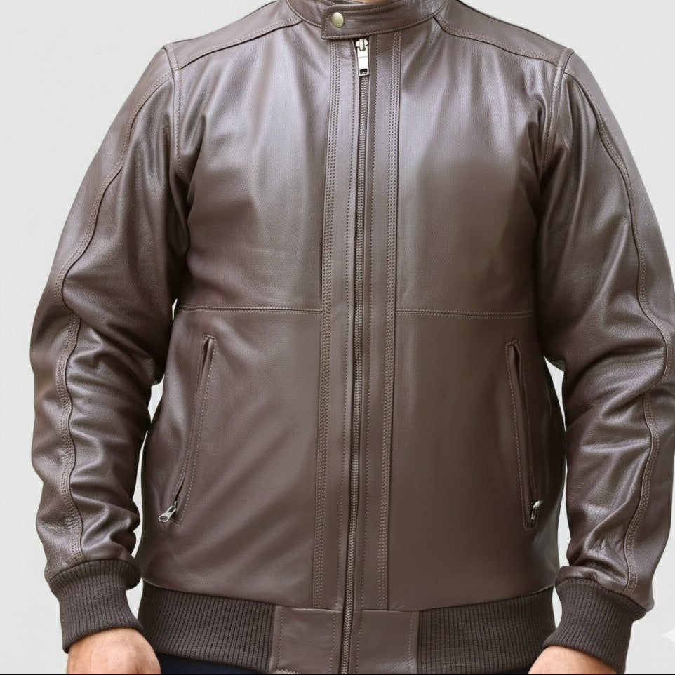 Side view of men's dark brown genuine leather jacket