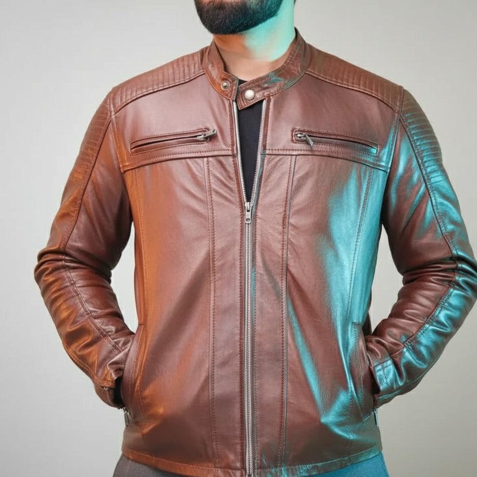 Men's Terry Brown Full-Grain Sheepskin Leather Jacket | Minimalist | YKK Zippers | Gen-Z Style