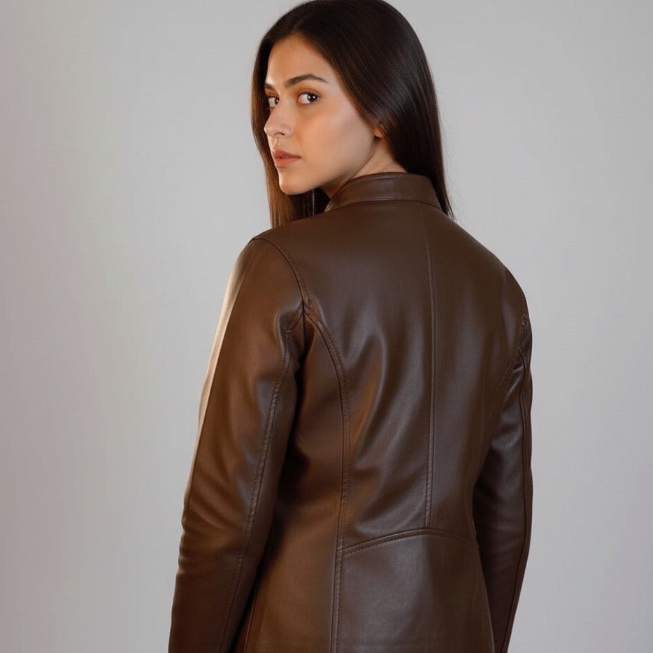 Women's Plain Brown Sheepskin Cropped Leather Jacket | Chrome Zippers | Minimal Style