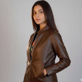Women's Plain Brown Sheepskin Cropped Leather Jacket | Chrome Zippers | Minimal Style