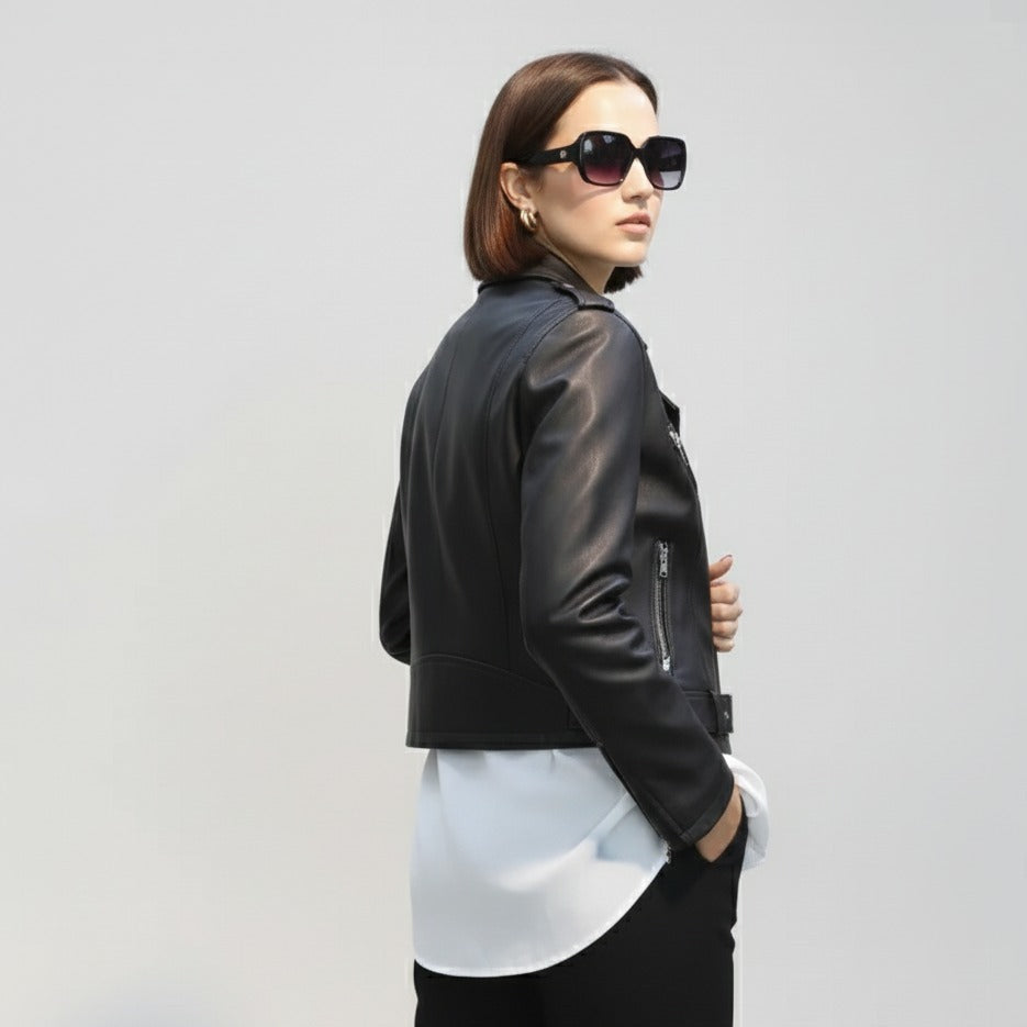 Women's Black Full-Grain Sheepskin Biker Jacket | Vegetable-Tanned | YKK Zippers | S–4XL