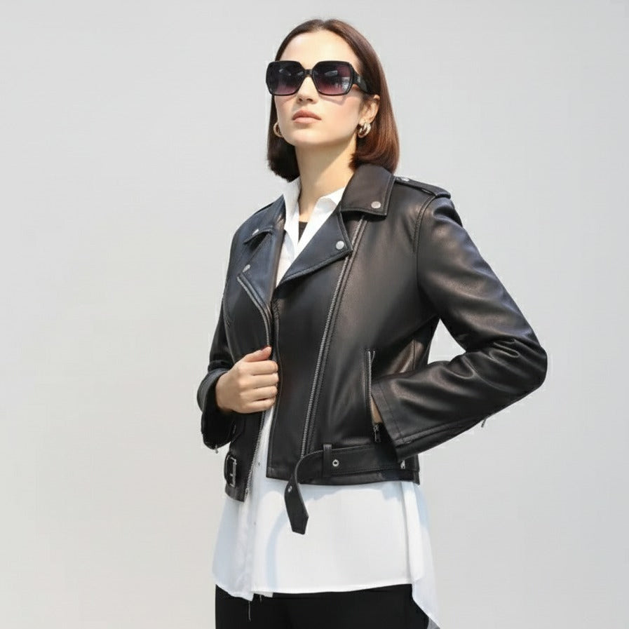 Women's Black Full-Grain Sheepskin Biker Jacket | Vegetable-Tanned | YKK Zippers | S–4XL
