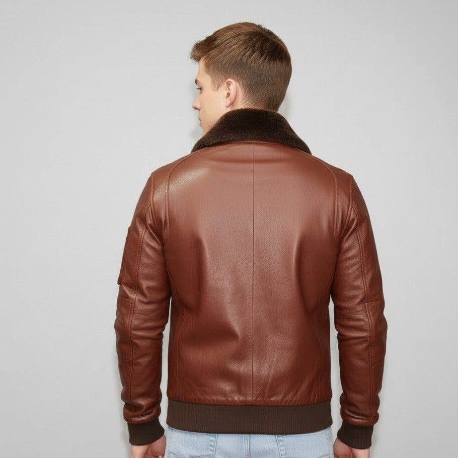 Men's Terry Brown Full-Grain Lambskin TopGun Jacket | Detachable Collar | YKK Zippers