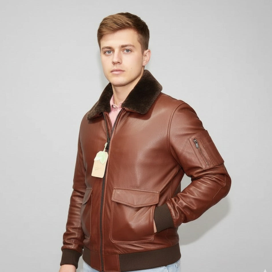 Men's Terry Brown Full-Grain Lambskin TopGun Jacket | Detachable Collar | YKK Zippers