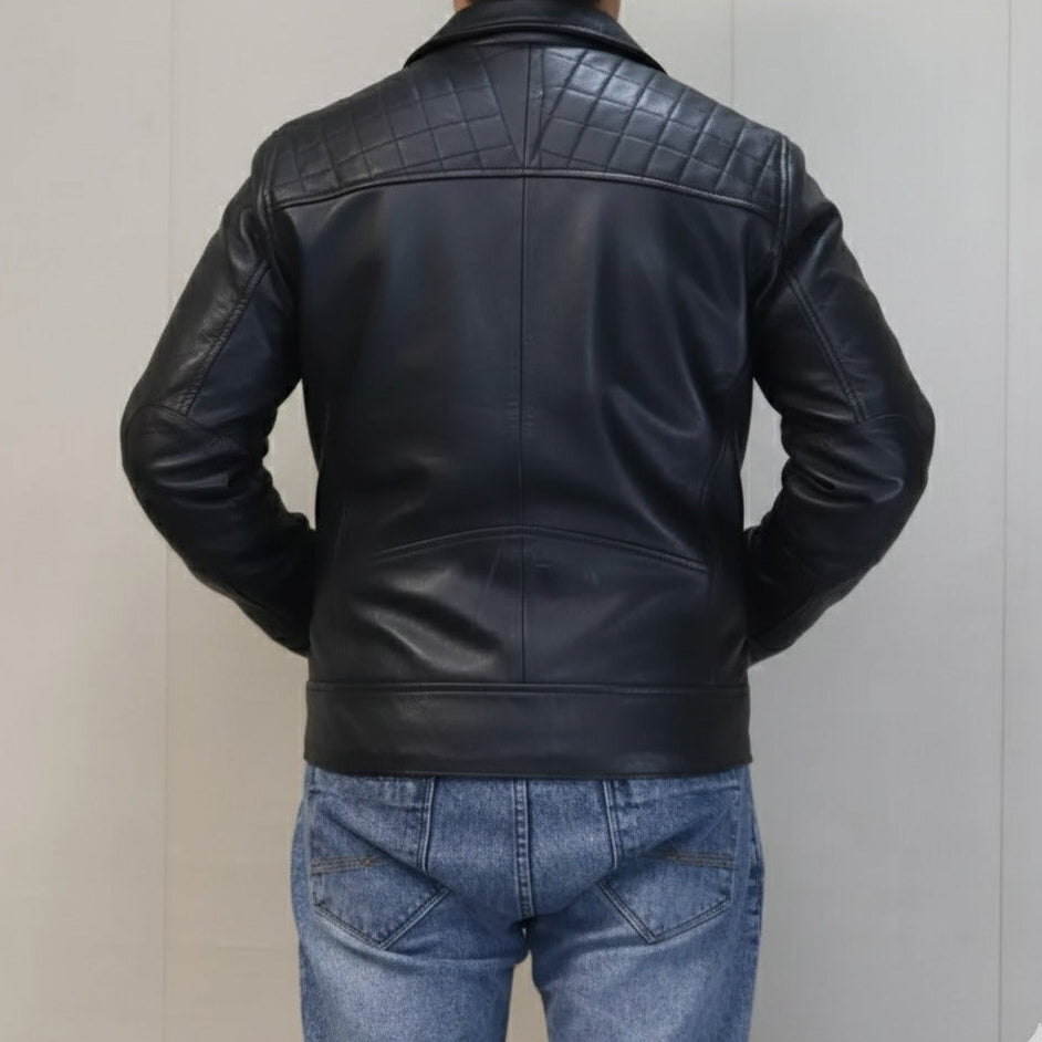 Men's Jet Black Lambskin Leather Jacket | Diamond Stitch Detail | Full-Grain