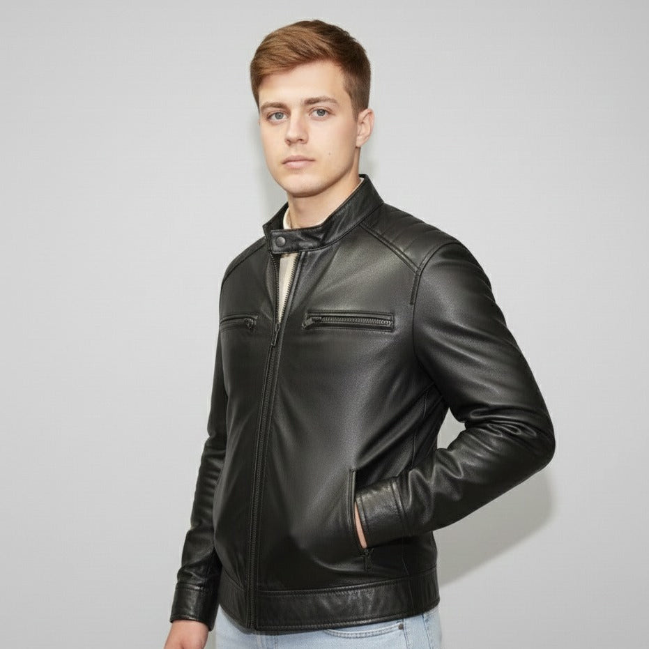 Men's Jet Black Lambskin Leather Jacket | Diamond Stitch Detail | Full-Grain