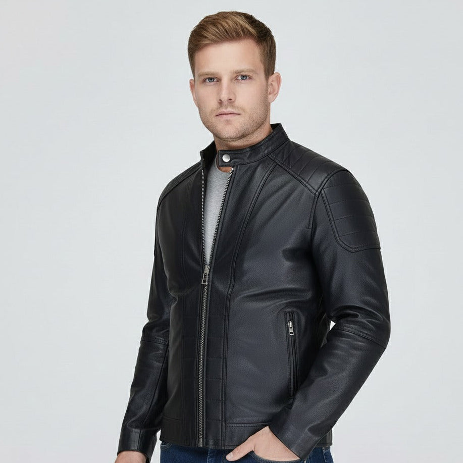 Men's Black Full-Grain Cowhide Casual Leather Jacket | Factory Direct | Worldwide Shipping