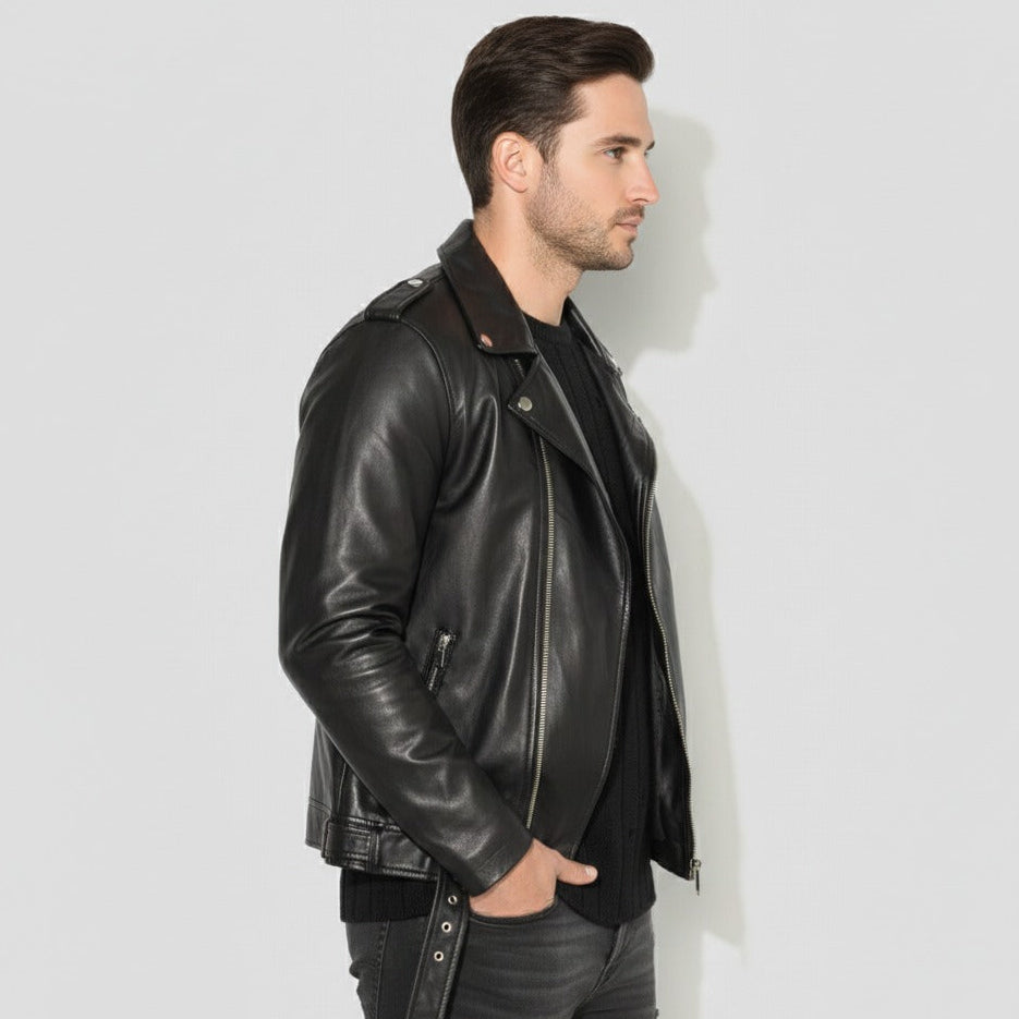Men's Black Cowhide Furry Collar Biker Jacket | YKK Zippers | Quilted Lining