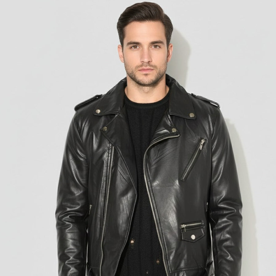 Men's Black Cowhide Furry Collar Biker Jacket | YKK Zippers | Quilted Lining