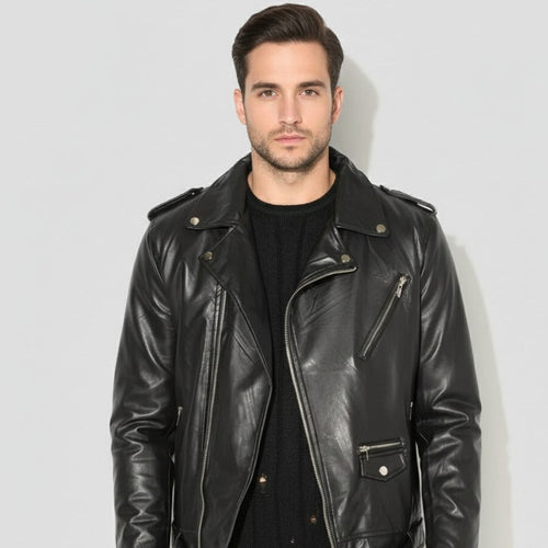 Men's Black Cowhide Furry Collar Biker Jacket | YKK Zippers | Quilted Lining
